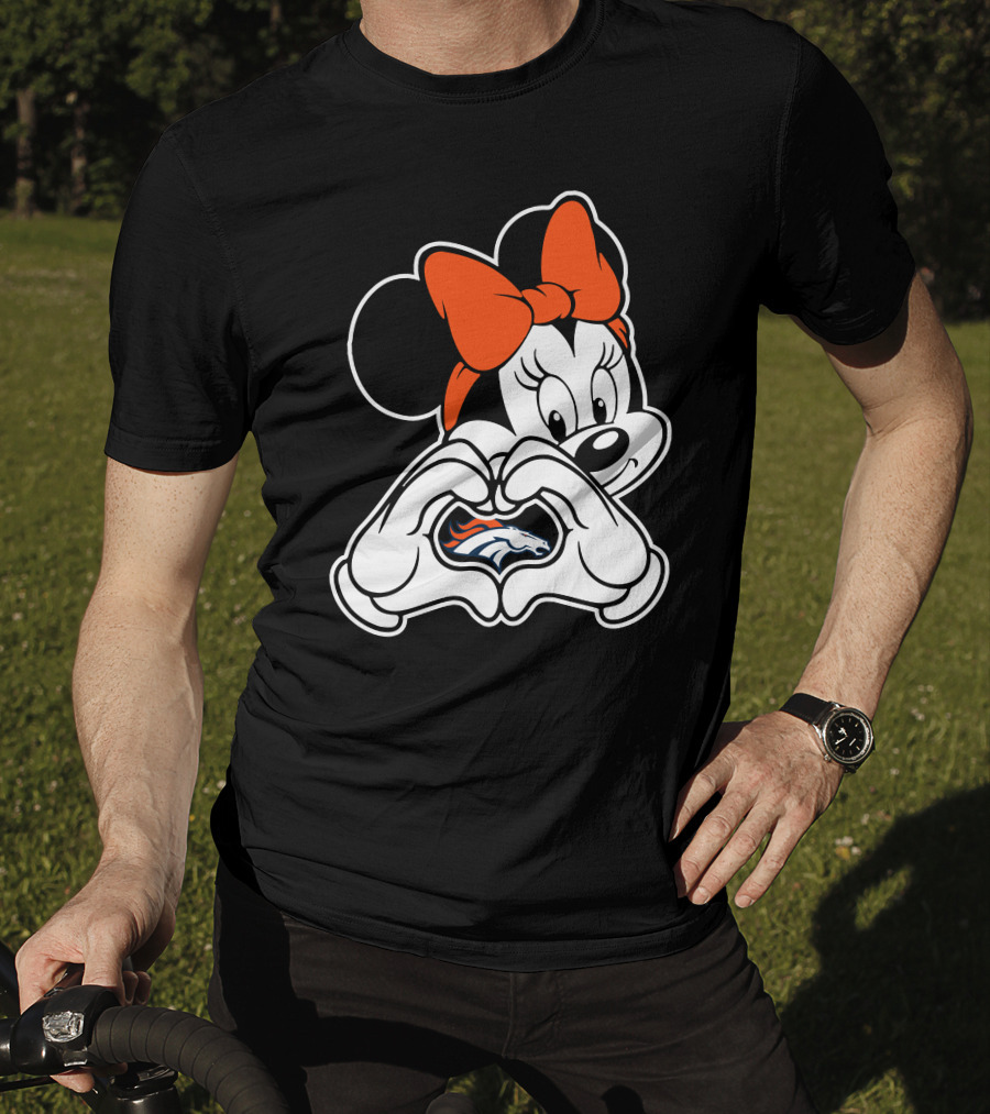 Minnie Mouse Heart Hands Denver Broncos Logo On Black Background With Orange Bow T-Shirt