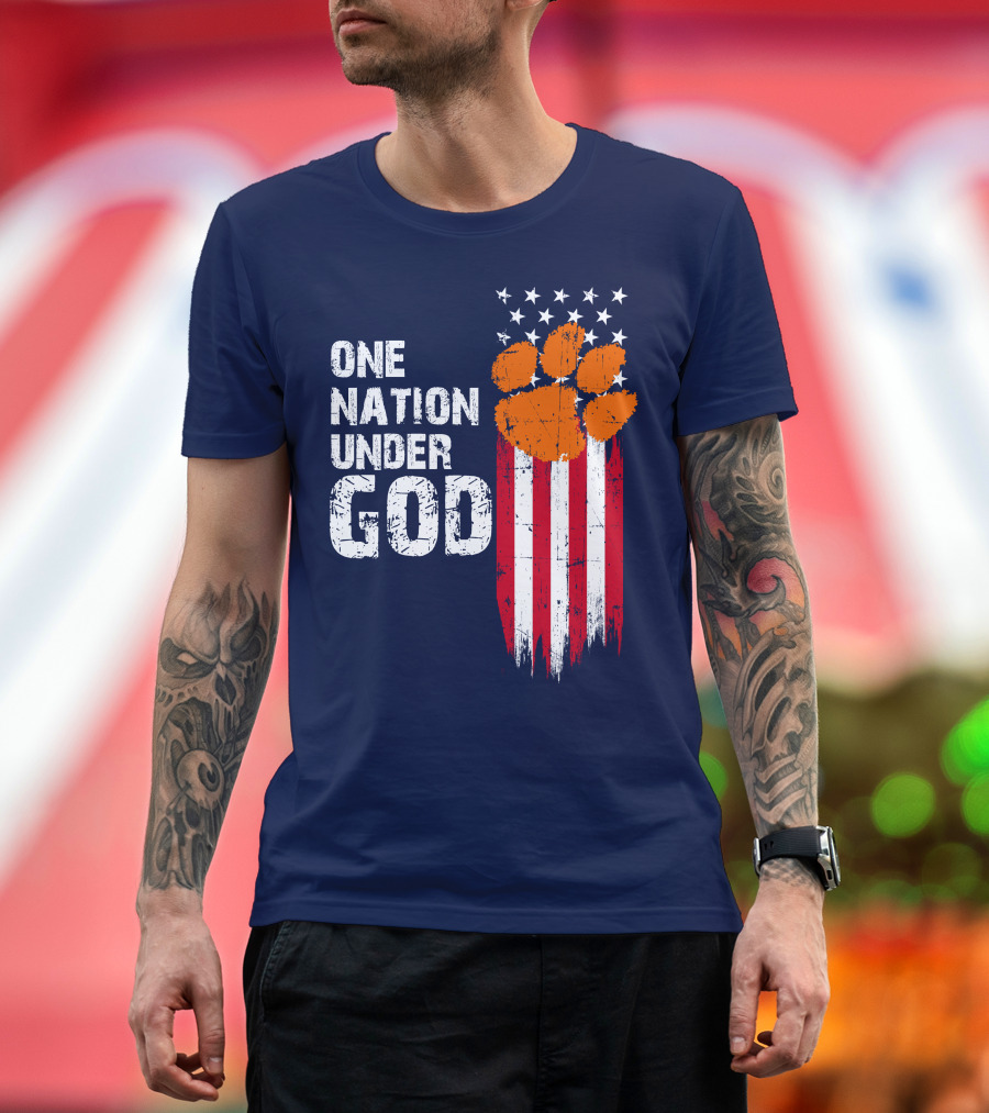 One Nation Under God Clemson Tigers American Flag Paw Print T-Shirt