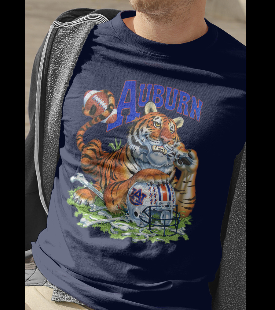 Auburn Tigers Football Tiger Holding Helmet With Bones And Football T-Shirt