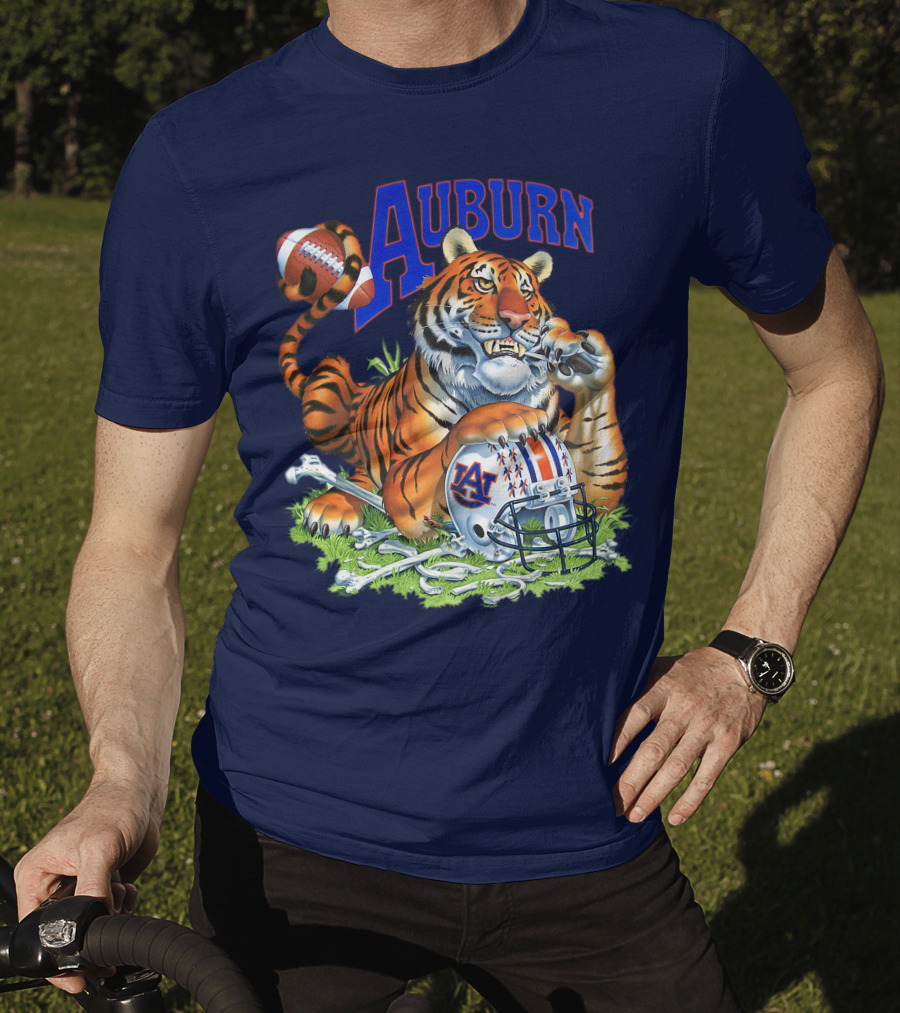 Auburn Tigers Football Tiger Holding Helmet With Bones And Football T-Shirt