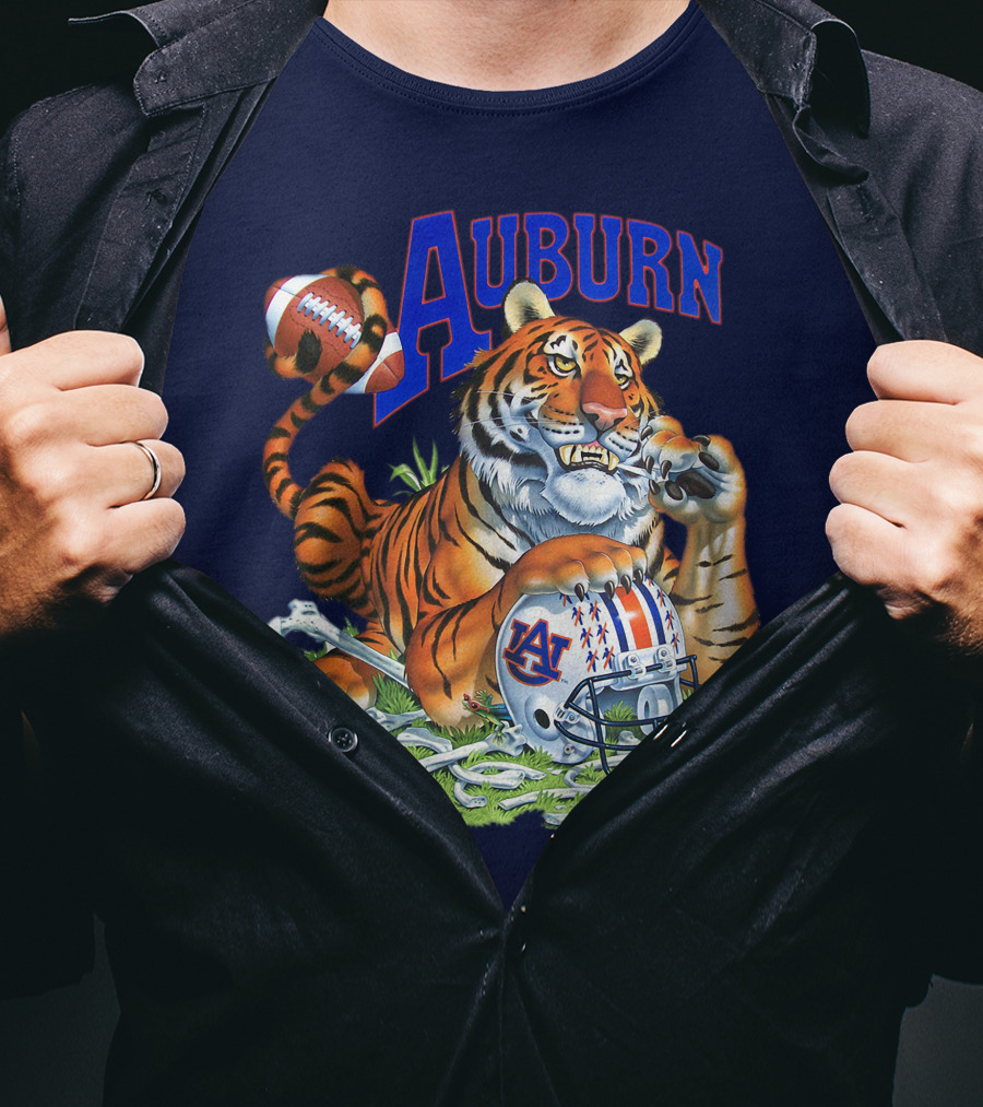 Auburn Tigers Football Tiger Holding Helmet With Bones And Football T-Shirt