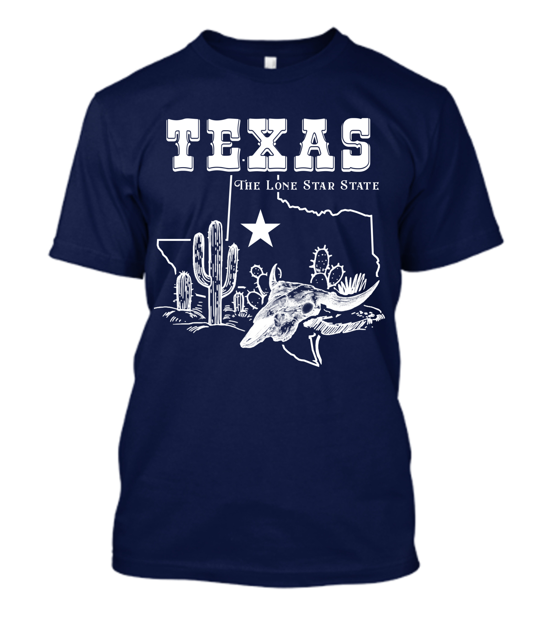 Texas The Lone Star State Map Outline With Cactus And Bull Skull T-Shirt