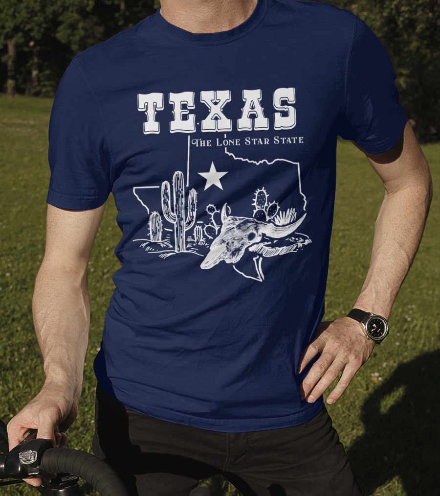 Texas The Lone Star State Map Outline With Cactus And Bull Skull T-Shirt