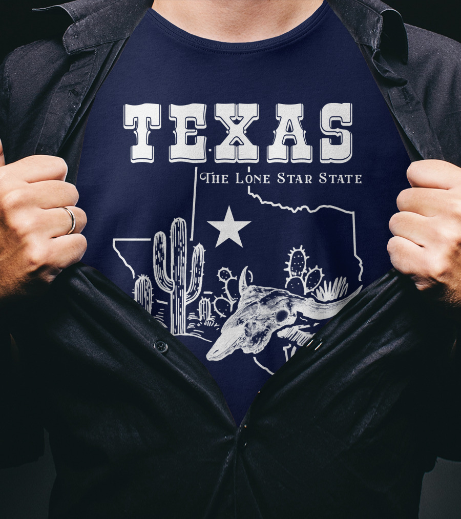 Texas The Lone Star State Map Outline With Cactus And Bull Skull T-Shirt