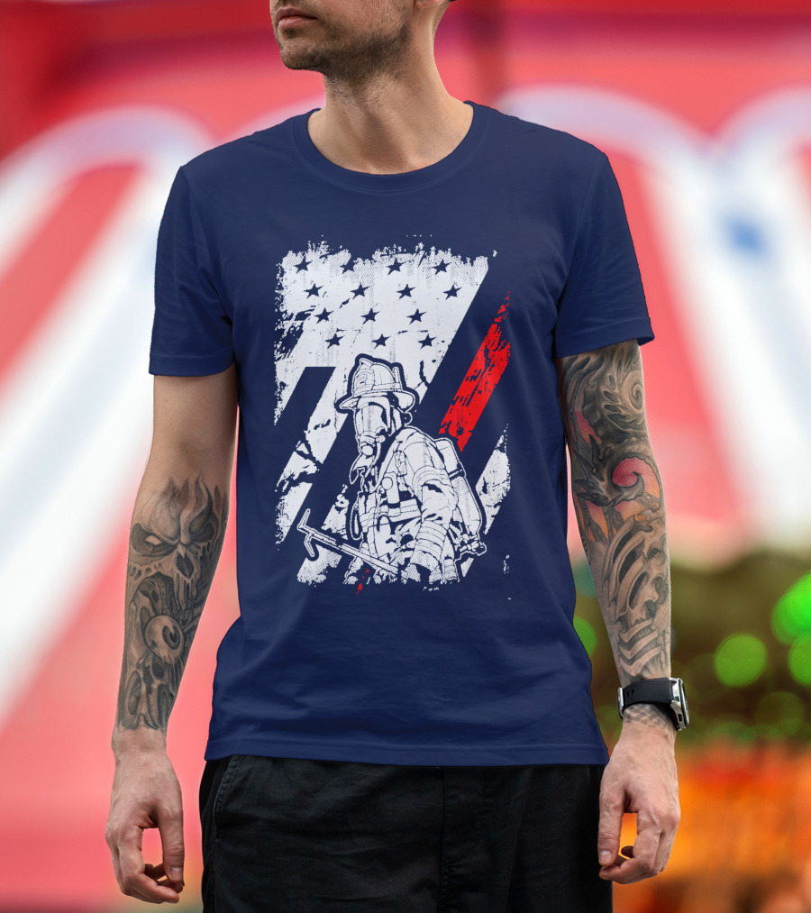 The Firefighters American Flag Tribute Heroic Firefighter With Axe And Stars And Stripes T-Shirt