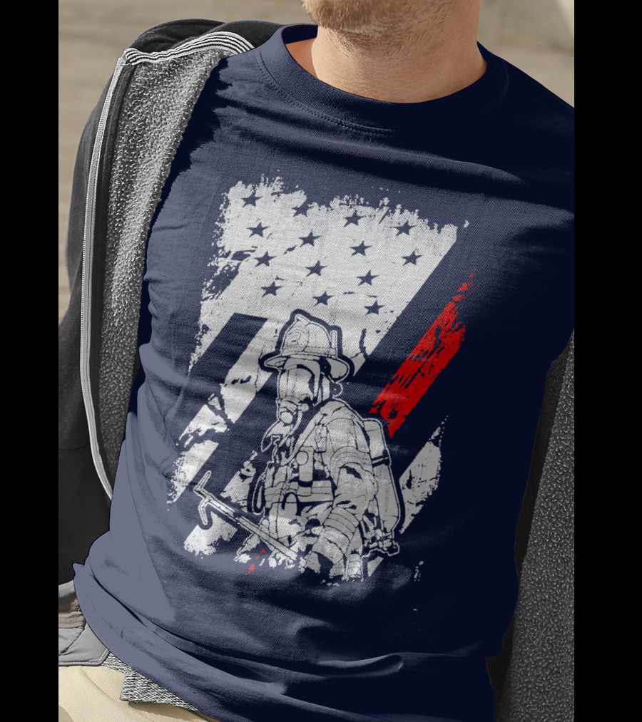 The Firefighters American Flag Tribute Heroic Firefighter With Axe And Stars And Stripes T-Shirt