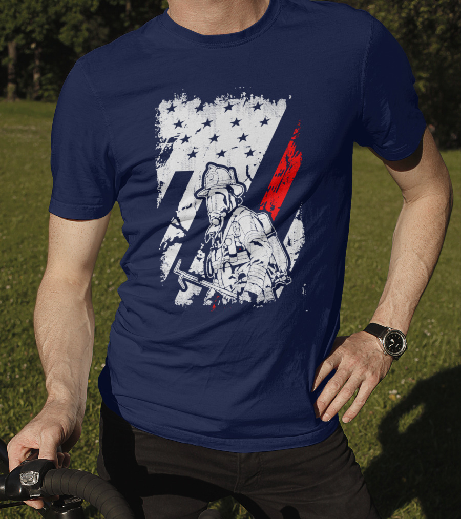 The Firefighters American Flag Tribute Heroic Firefighter With Axe And Stars And Stripes T-Shirt