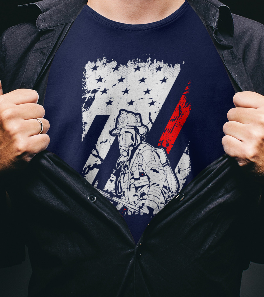 The Firefighters American Flag Tribute Heroic Firefighter With Axe And Stars And Stripes T-Shirt