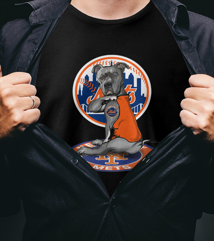 New York Mets Dog In Orange Shirt With Team Logo And Skyline T-Shirt