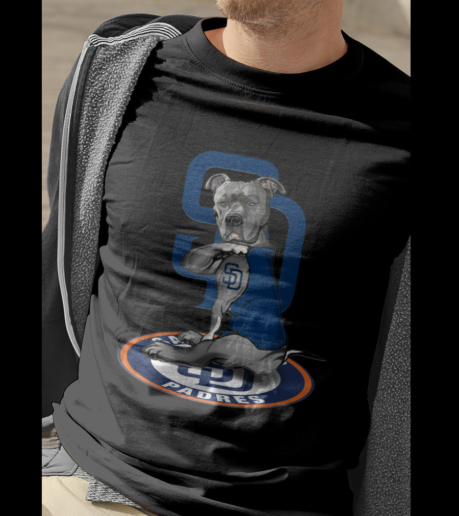 Sd Padres Dog With Blue Sweater And Logo On Black T-Shirt