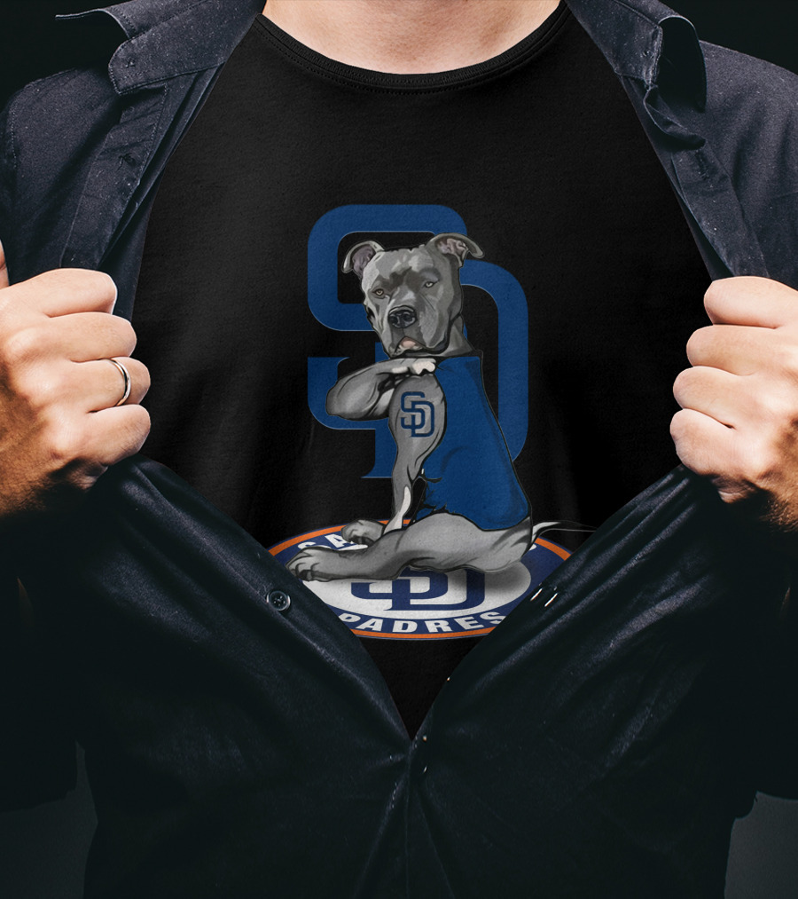 Sd Padres Dog With Blue Sweater And Logo On Black T-Shirt