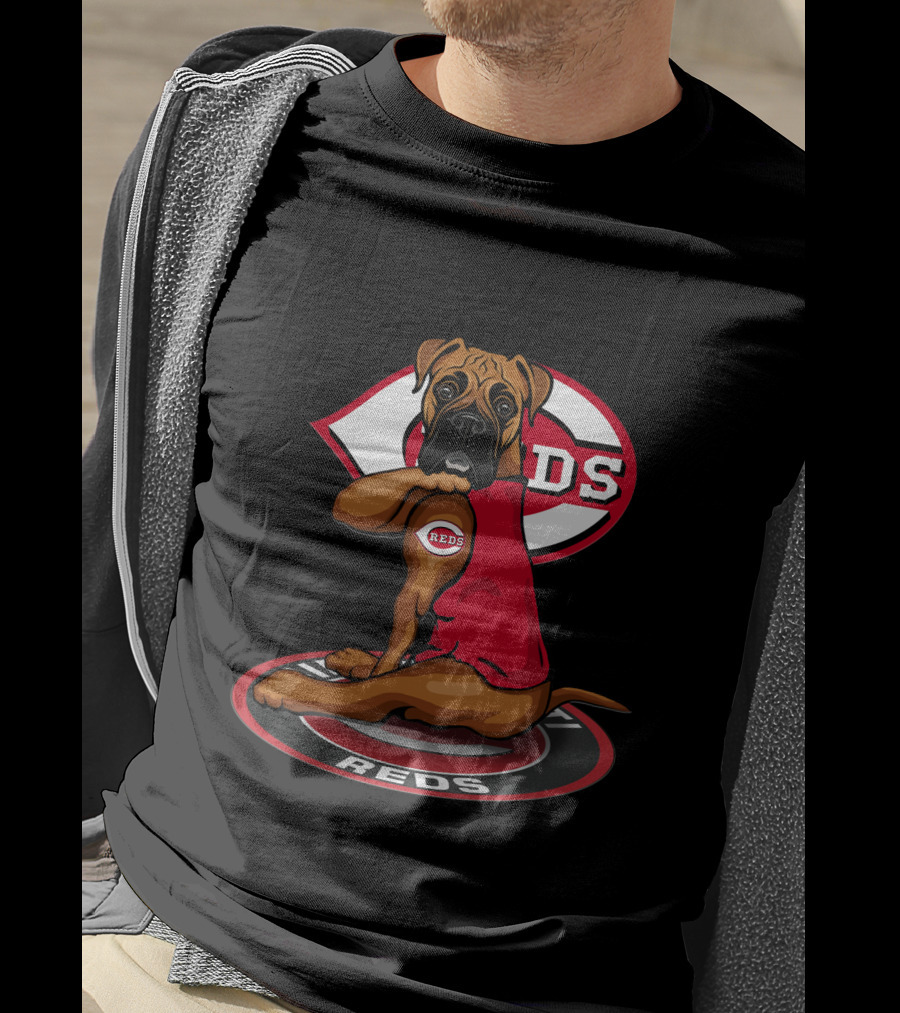 Cincinnati Reds Dog With Logo And Jersey Sitting On Reds T-Shirt