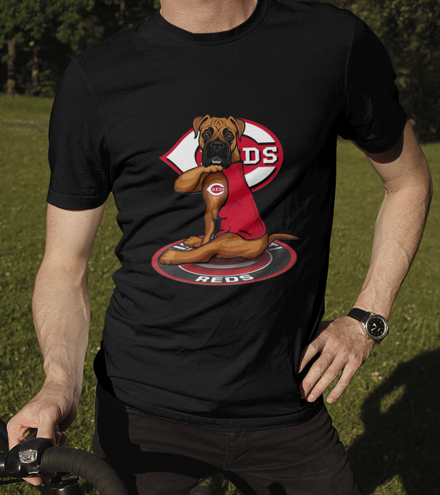 Cincinnati Reds Dog With Logo And Jersey Sitting On Reds T-Shirt