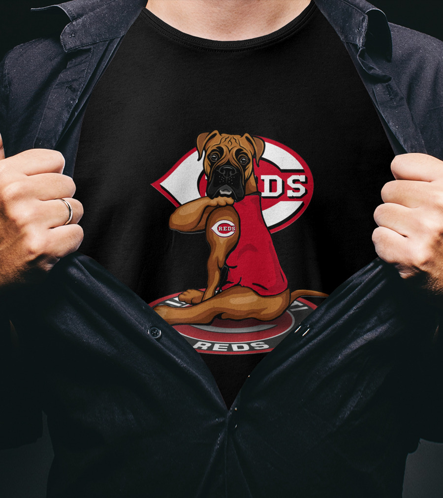 Cincinnati Reds Dog With Logo And Jersey Sitting On Reds T-Shirt