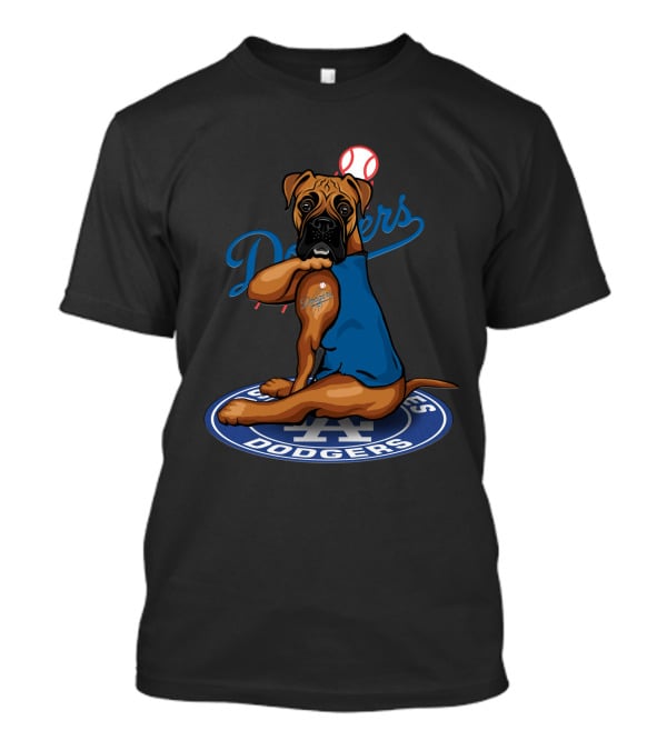 Los Angeles Dodgers Boxer Dog With Baseball And Logo Elements T-Shirt