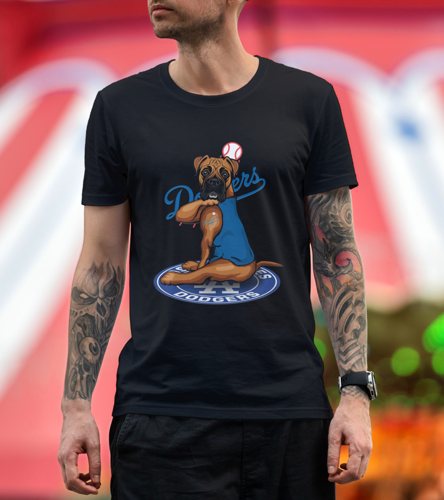 Los Angeles Dodgers Boxer Dog With Baseball And Logo Elements T-Shirt