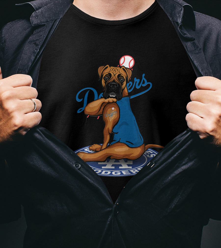 Los Angeles Dodgers Boxer Dog With Baseball And Logo Elements T-Shirt