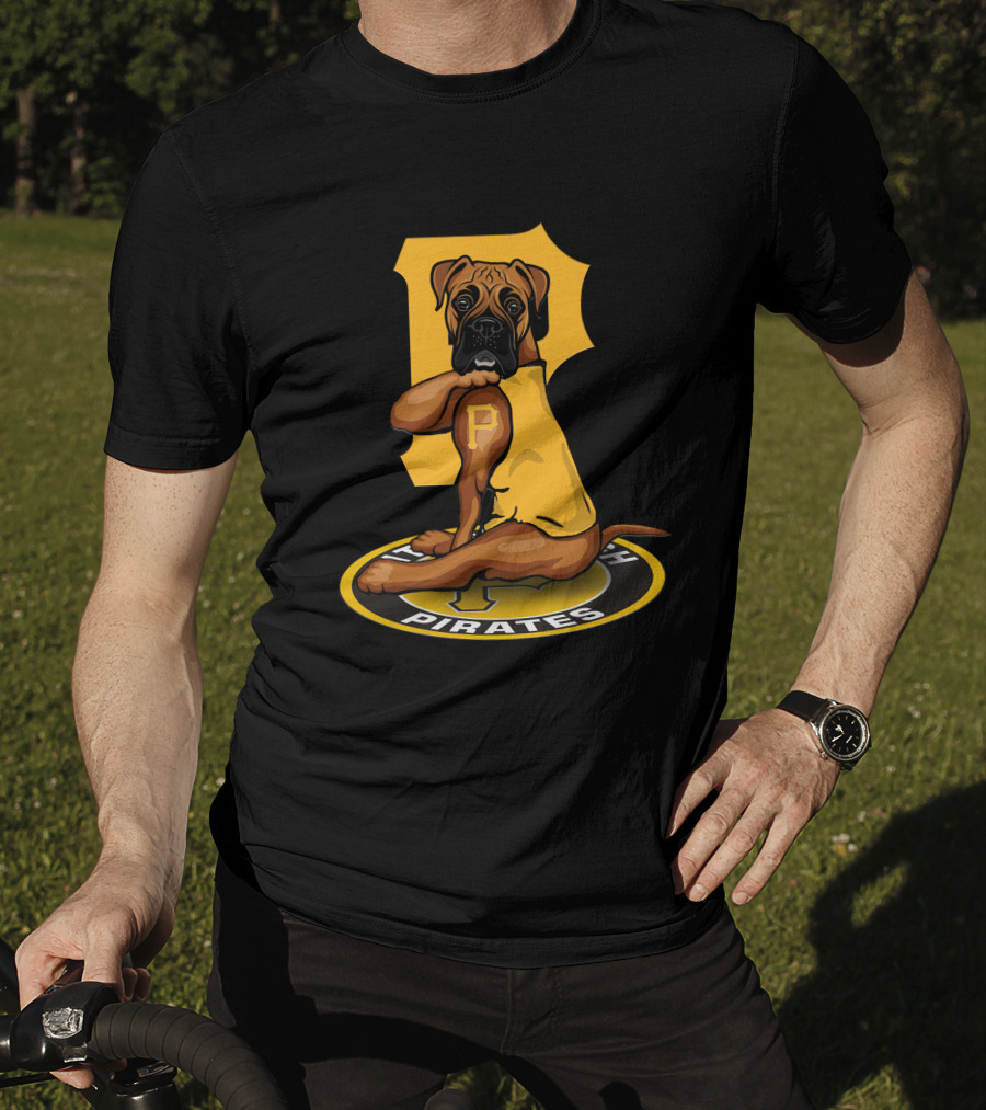 Pittsburgh Pirates Boxer Dog In Yellow Jersey With Vintage T-Shirt