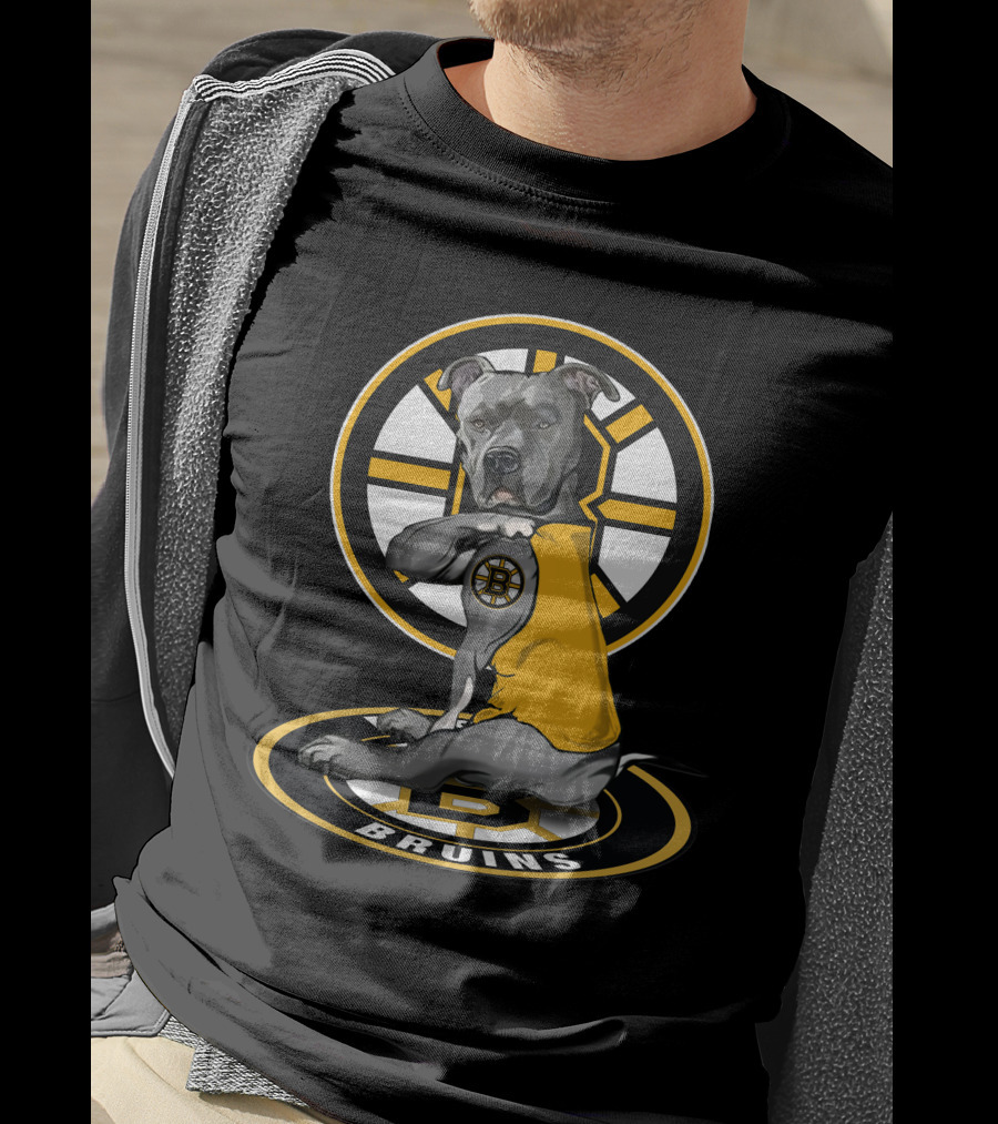 Boston Bruins Dog With Yellow Jersey And Hockey T-Shirt