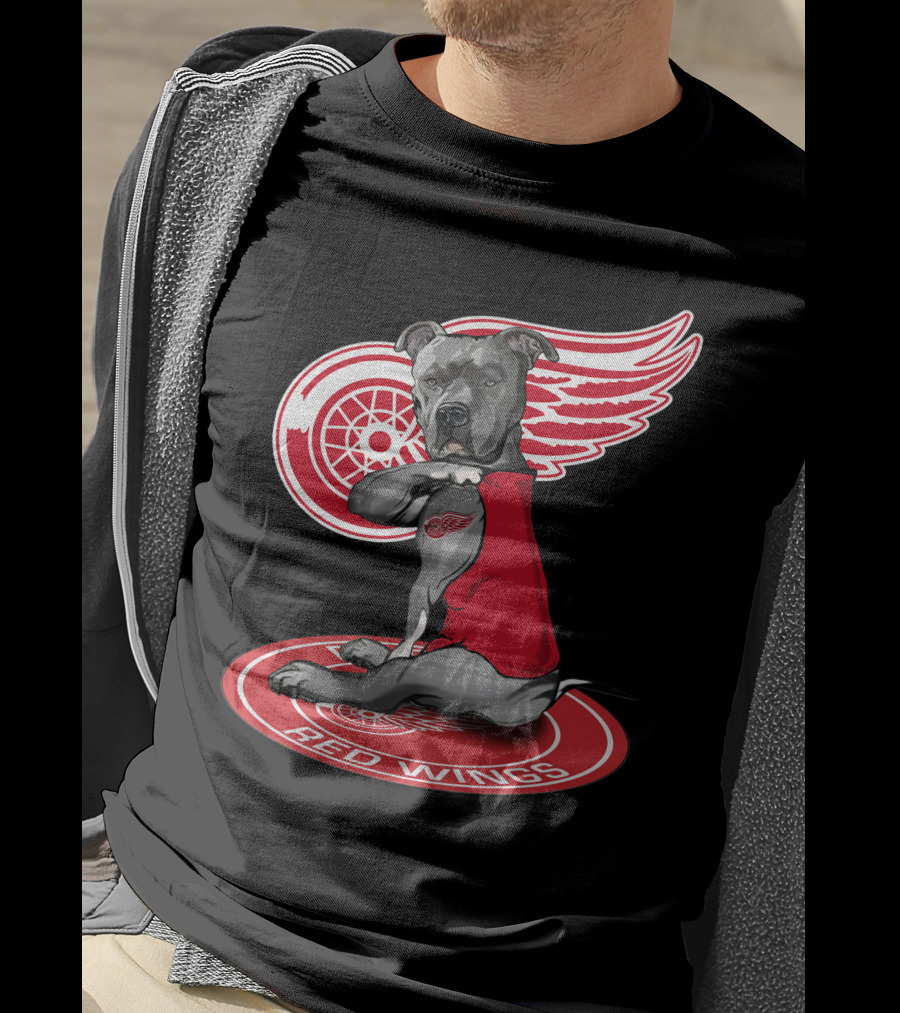 Detroit Red Wings Dog With Logo Wings And Red Vest T-Shirt