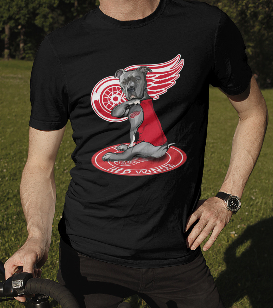 Detroit Red Wings Dog With Logo Wings And Red Vest T-Shirt