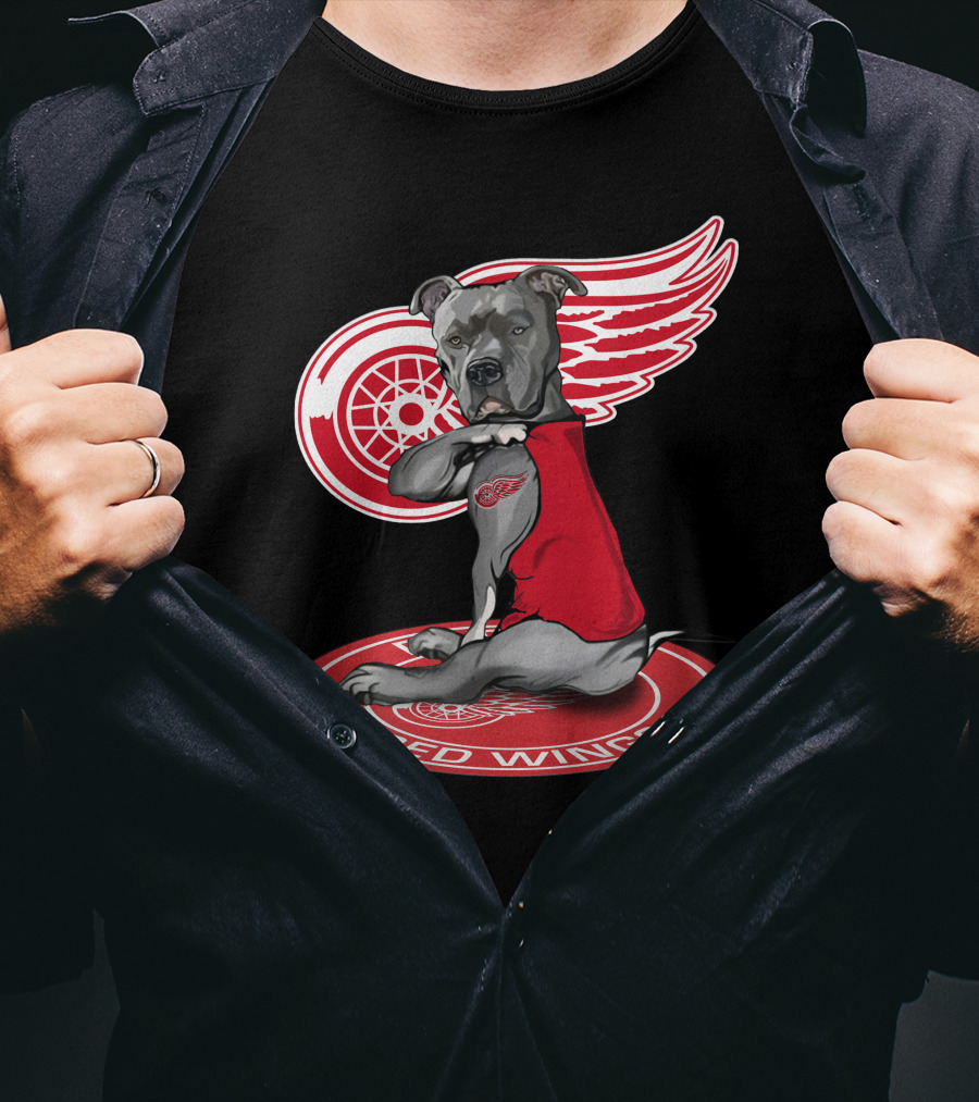 Detroit Red Wings Dog With Logo Wings And Red Vest T-Shirt