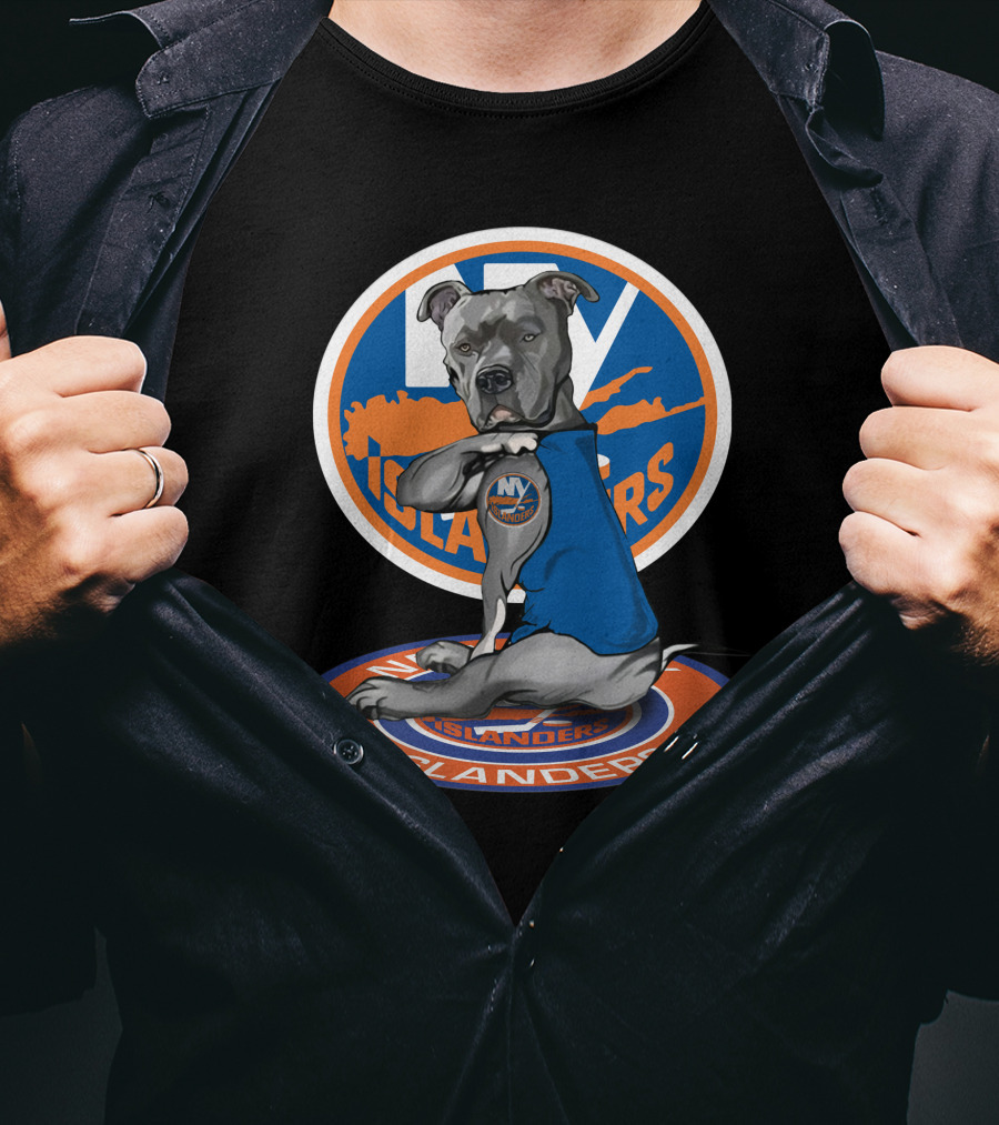 NY Islanders Dog Wearing Team Logo With Circular Orange T-Shirt