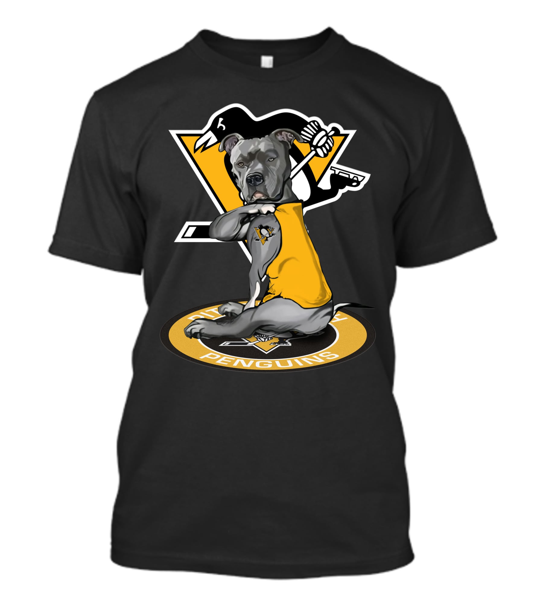 Pittsburgh Penguins Dog In Yellow Jersey With Hockey Stick T-Shirt