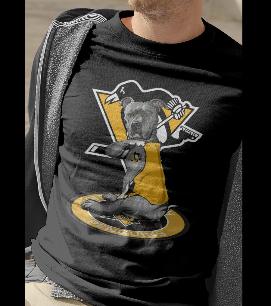 Pittsburgh Penguins Dog In Yellow Jersey With Hockey Stick T-Shirt