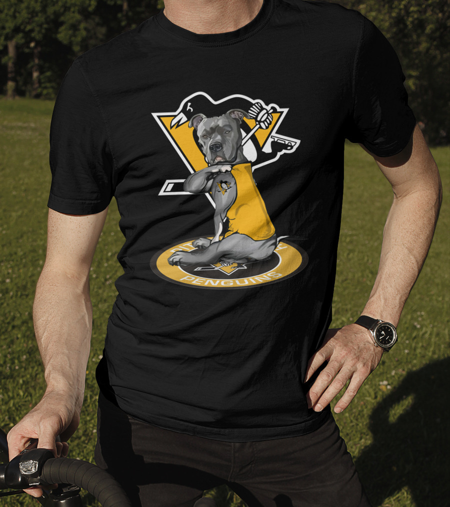 Pittsburgh Penguins Dog In Yellow Jersey With Hockey Stick T-Shirt