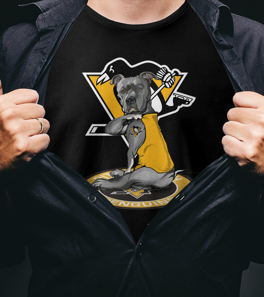 Pittsburgh Penguins Dog In Yellow Jersey With Hockey Stick T-Shirt