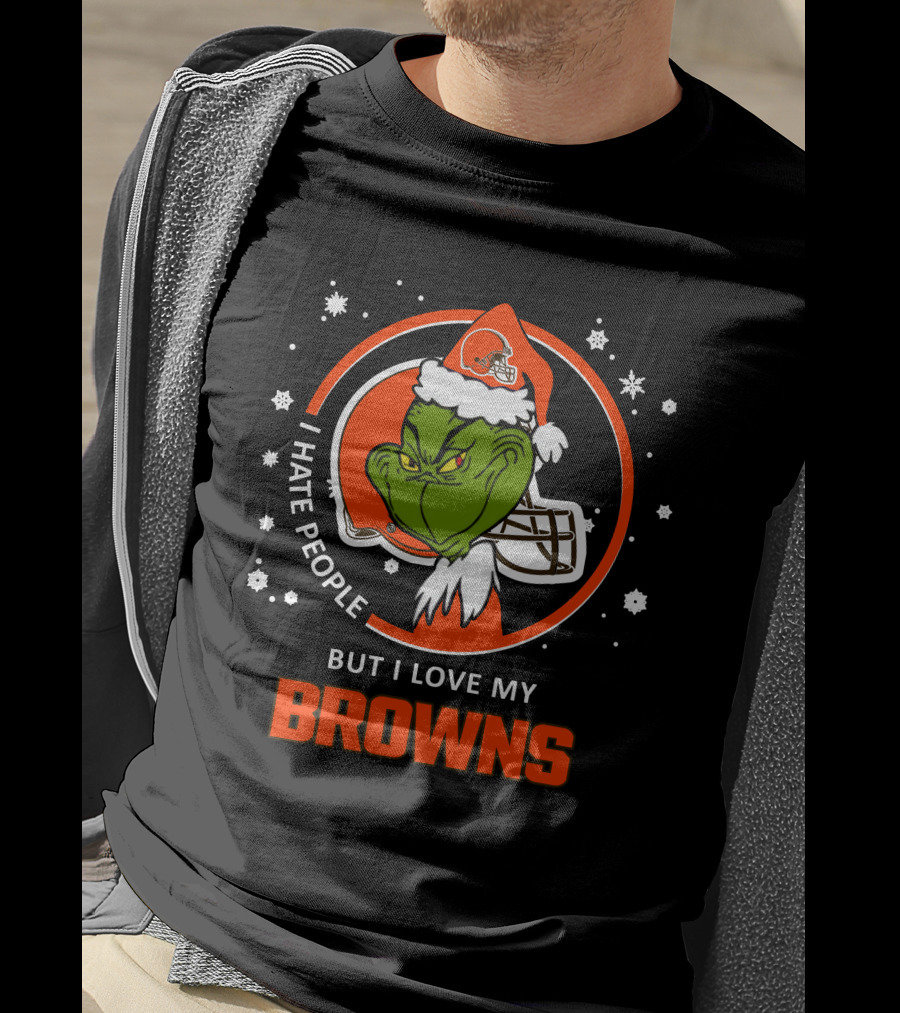 I Hate People But I Love My Browns Cleveland Browns Grinch Santa Hat Snowflakes T-Shirt
