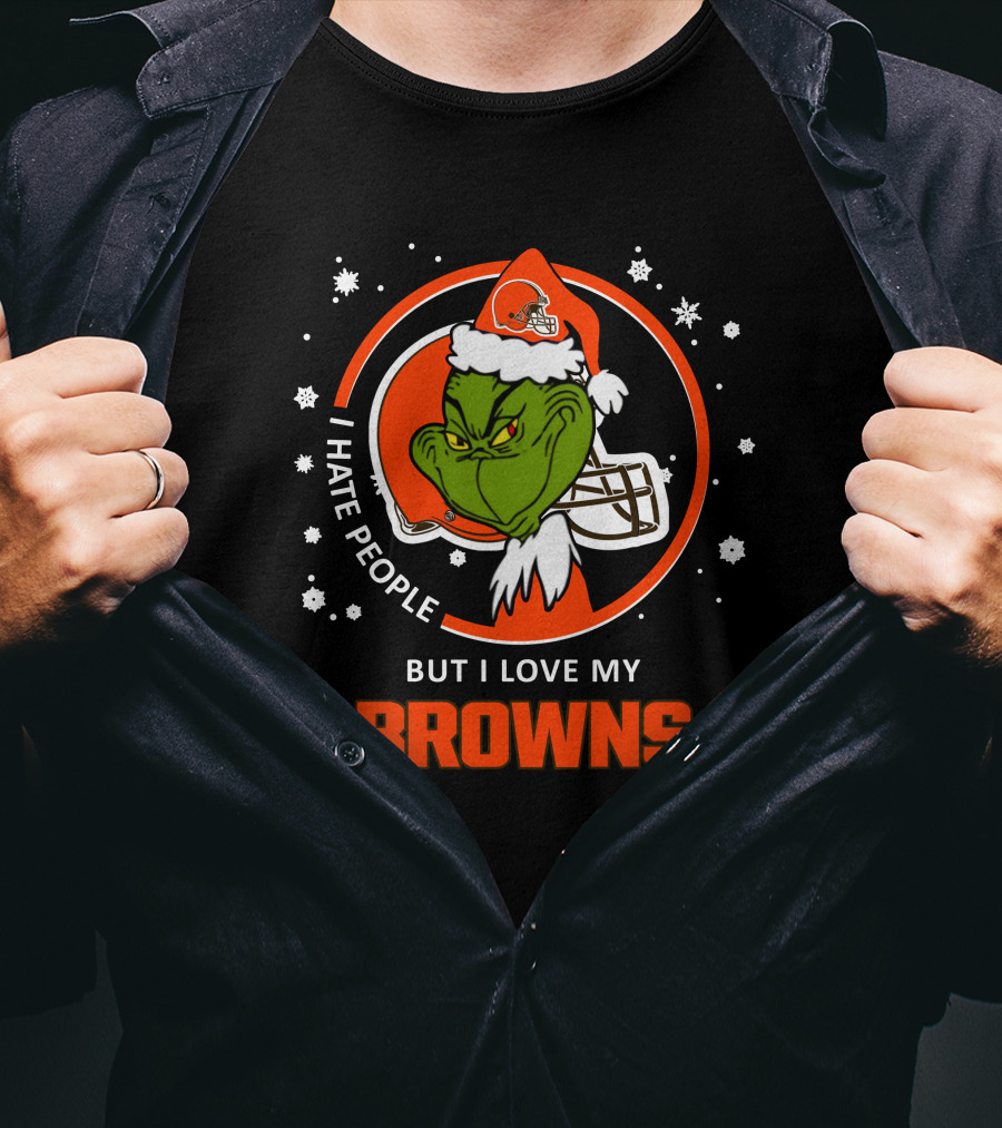 I Hate People But I Love My Browns Cleveland Browns Grinch Santa Hat Snowflakes T-Shirt