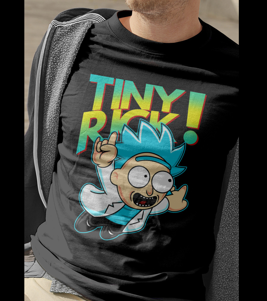Tiny Rick Flying Character With Blue Hair And White Lab Coat T-Shirt