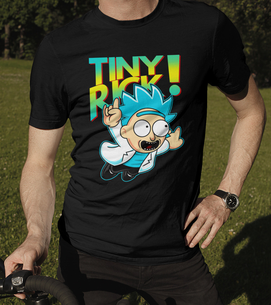 Tiny Rick Flying Character With Blue Hair And White Lab Coat T-Shirt