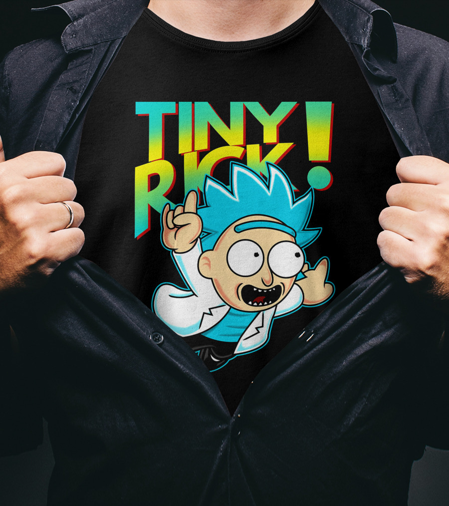 Tiny Rick Flying Character With Blue Hair And White Lab Coat T-Shirt