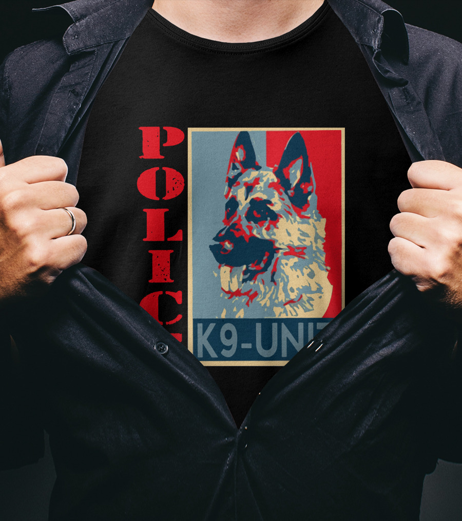 POLICE K9 UNIT Shepherd Portrait In Red Blue And Beige T-Shirt