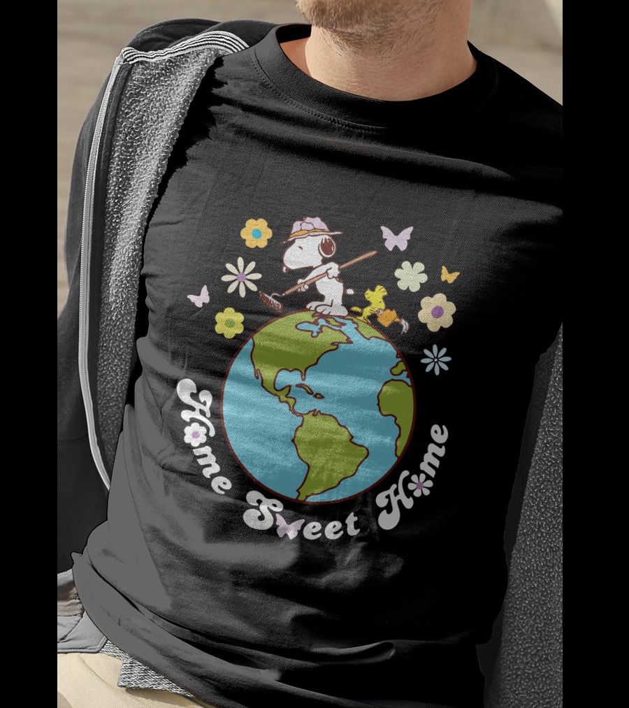 Home Sweet Home Snoopy And Woodstock Gardening On Earth With Butterflies And Flowers T-Shirt