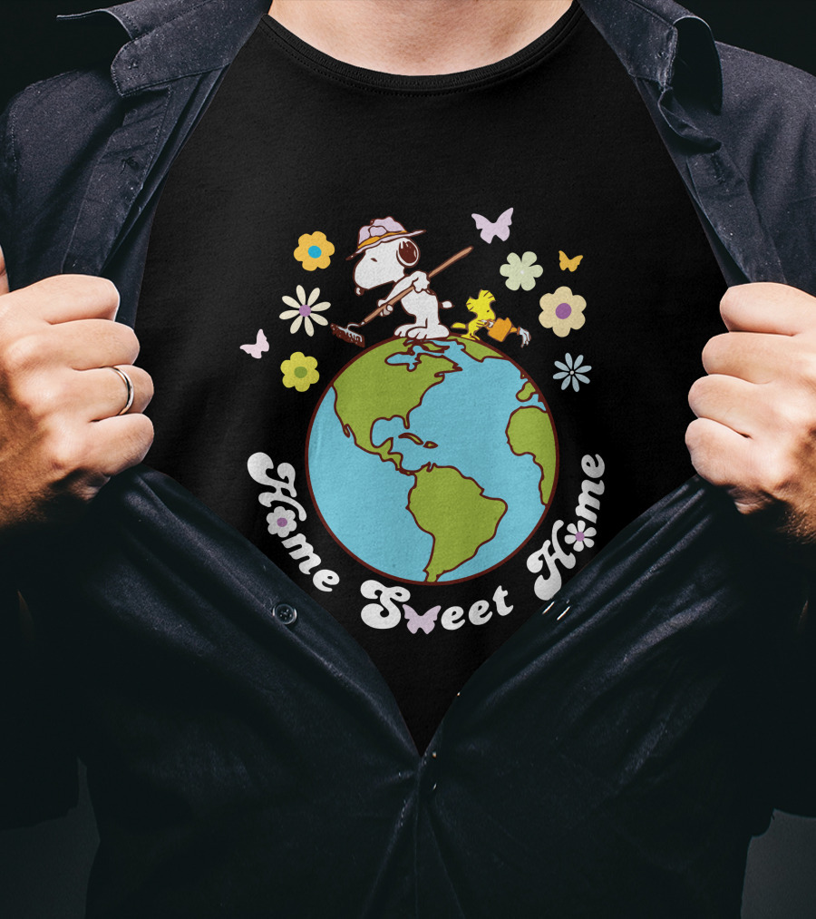 Home Sweet Home Snoopy And Woodstock Gardening On Earth With Butterflies And Flowers T-Shirt