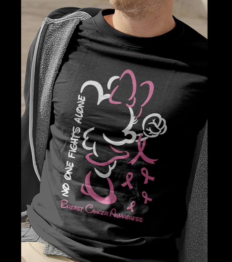 No One Fights Alone Breast Cancer Awareness Minnie Bow Pink T-Shirt