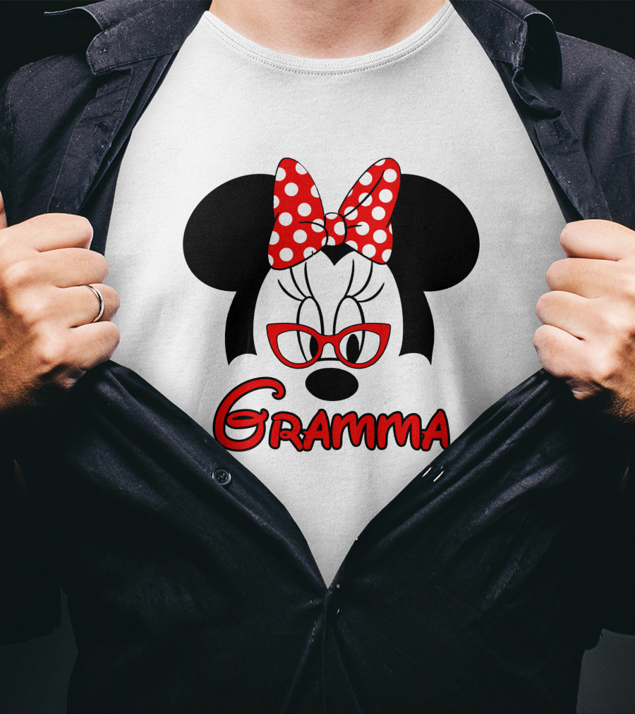 Minnie Mouse Gramma Red Glasses And Polka Dot Bow T-Shirt