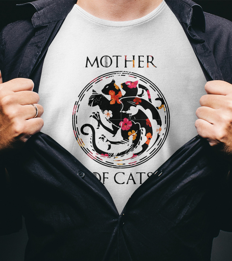 Mother Of Cats Floral Yin Yang Circle T-Shirt
