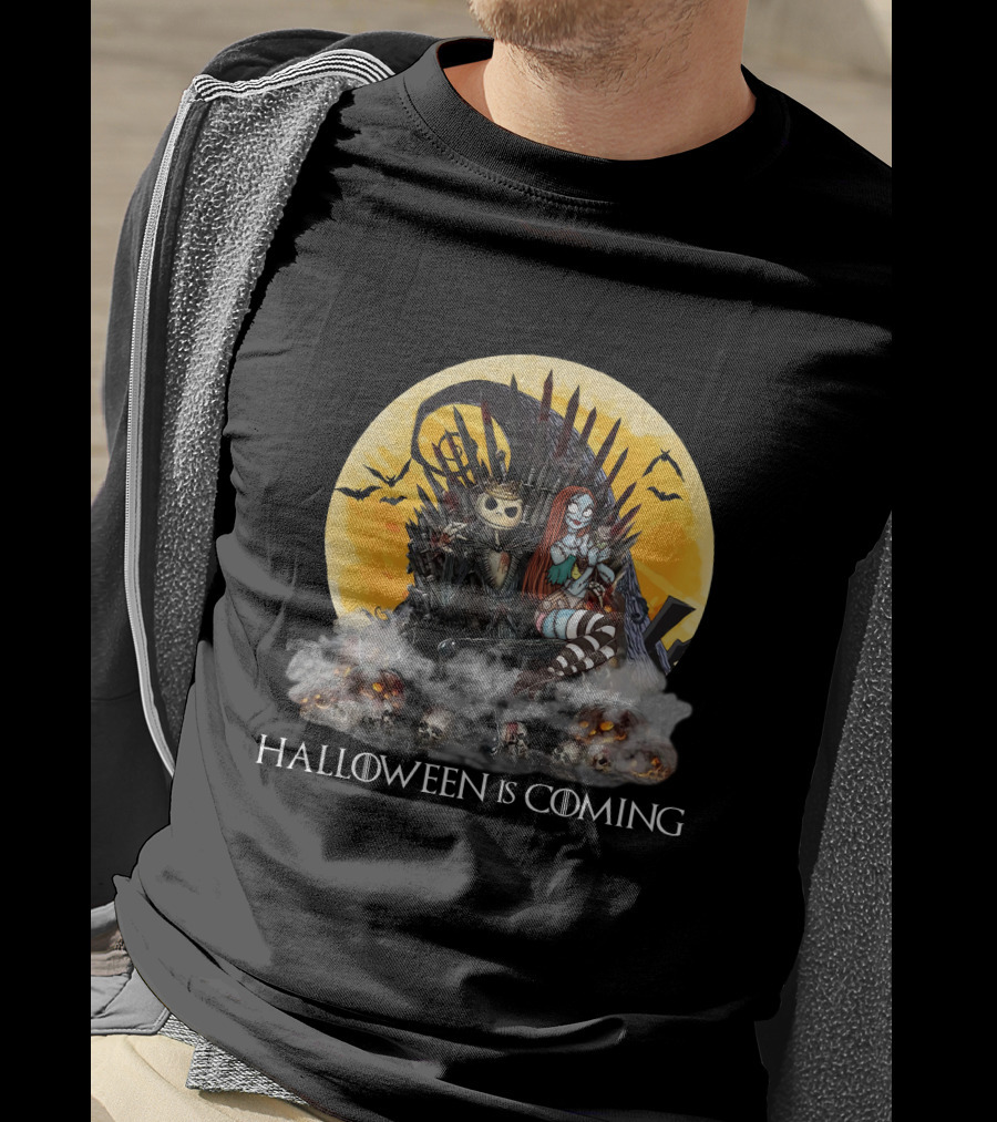 Halloween Is Coming With Skeleton King And Gothic Queen Throne Moon Bats Skulls T-Shirt