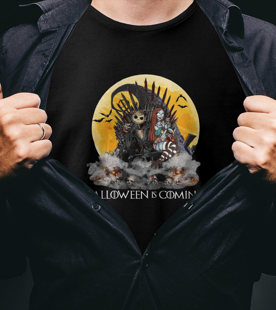 Halloween Is Coming With Skeleton King And Gothic Queen Throne Moon Bats Skulls T-Shirt