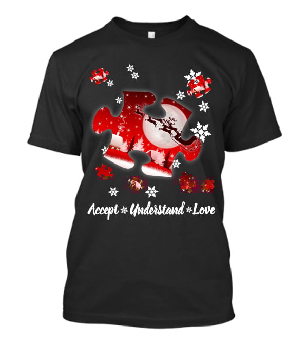 Accept Understand Love Autism Puzzle Christmas Snowflakes Santa Sleigh T-Shirt