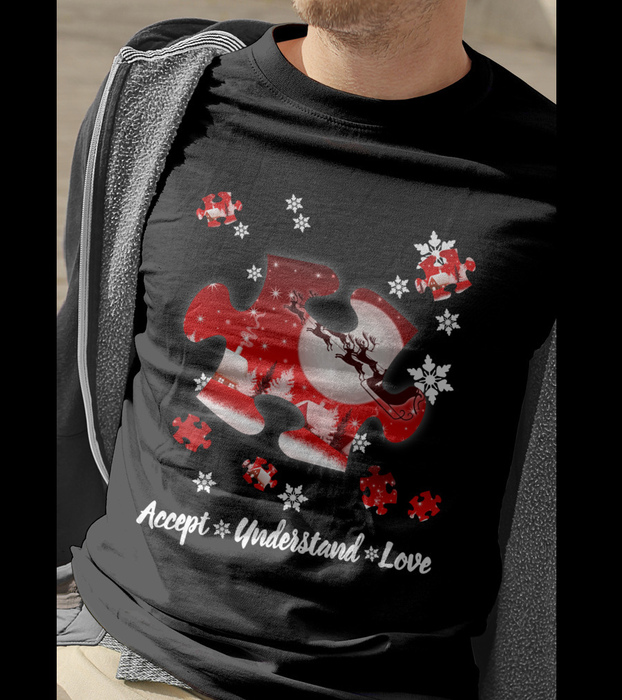 Accept Understand Love Autism Puzzle Christmas Snowflakes Santa Sleigh T-Shirt