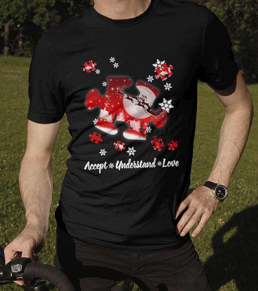 Accept Understand Love Autism Puzzle Christmas Snowflakes Santa Sleigh T-Shirt