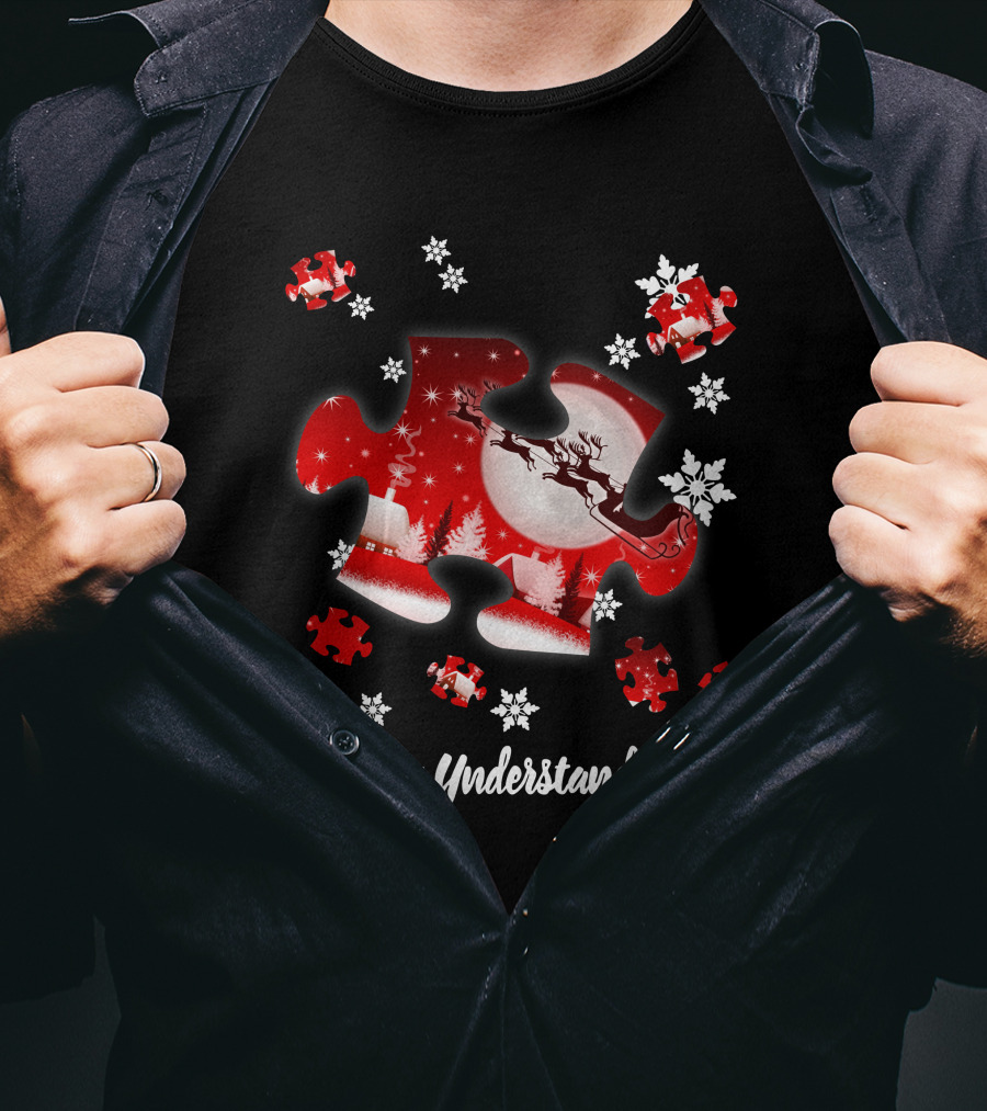 Accept Understand Love Autism Puzzle Christmas Snowflakes Santa Sleigh T-Shirt