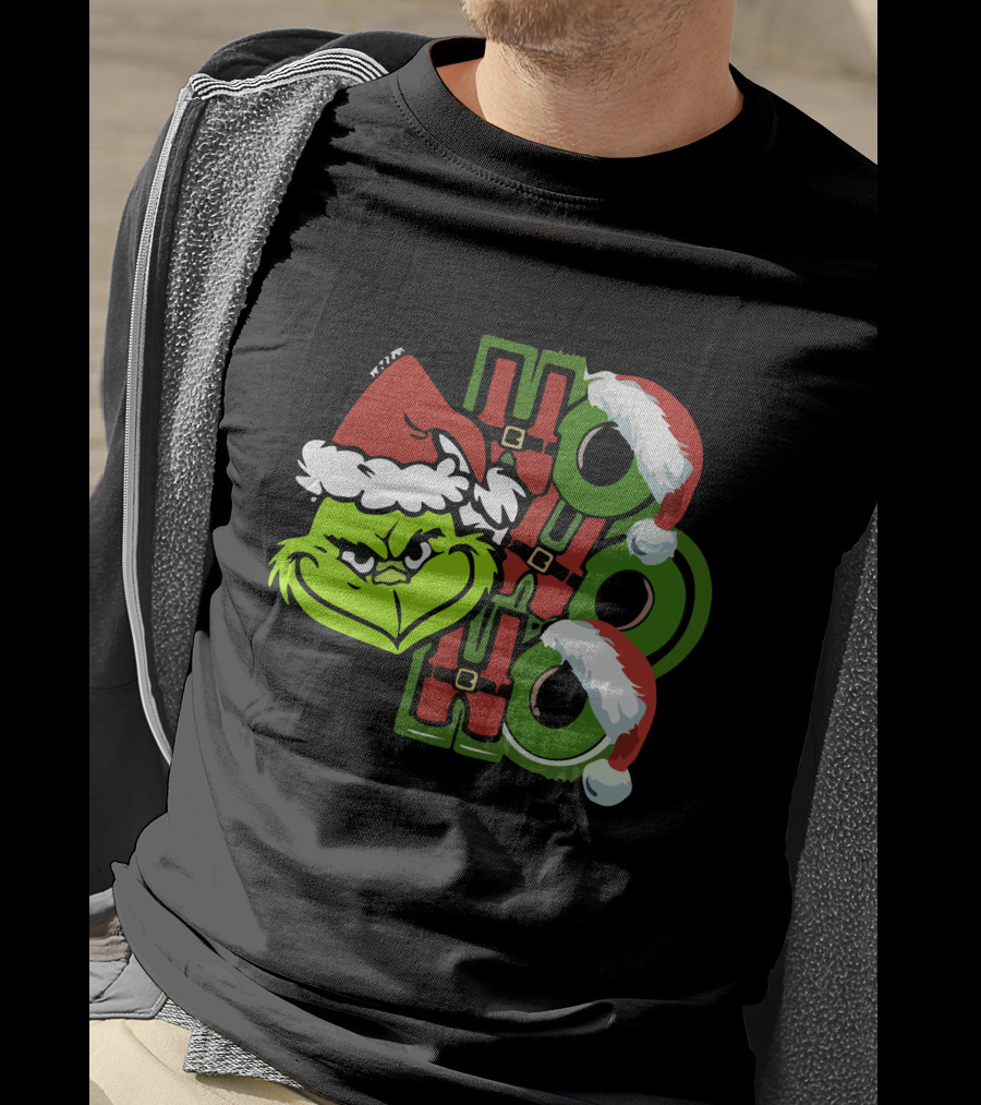Ho Ho Ho Grinchmas With Santa Hats And Grinch Face T-Shirt