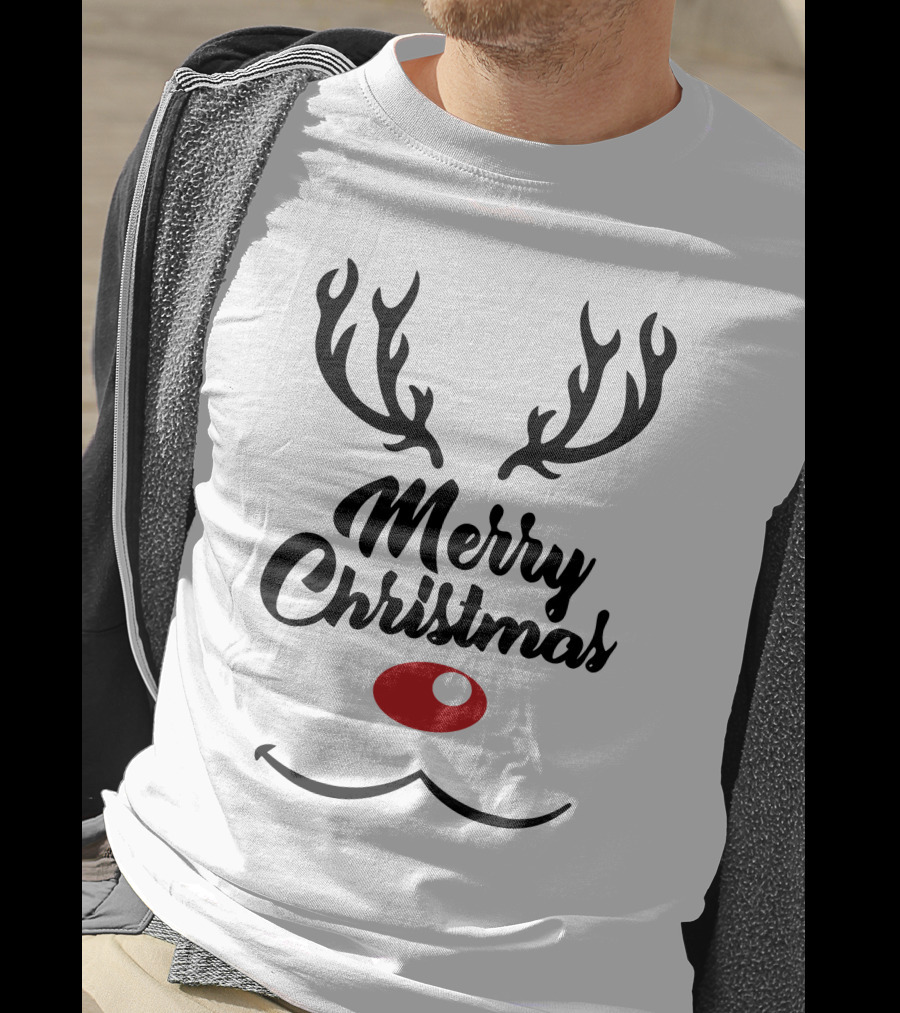 Merry Christmas Reindeer Antlers With Red Nose T-Shirt